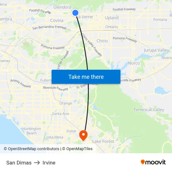San Dimas to Irvine map