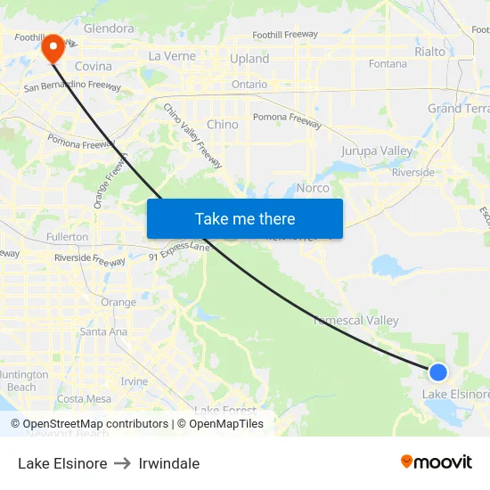 Lake Elsinore to Irwindale map