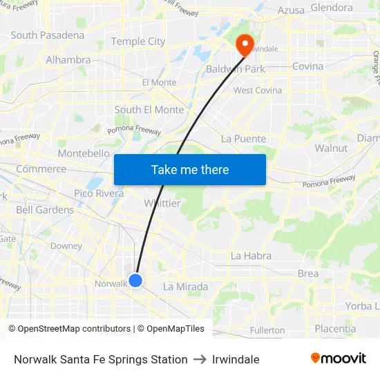 Norwalk Santa Fe Springs Station to Irwindale map
