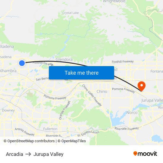 Arcadia to Jurupa Valley map