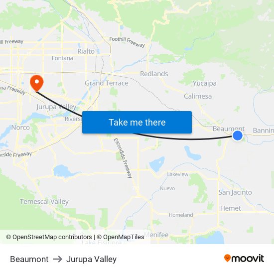 Beaumont to Jurupa Valley map