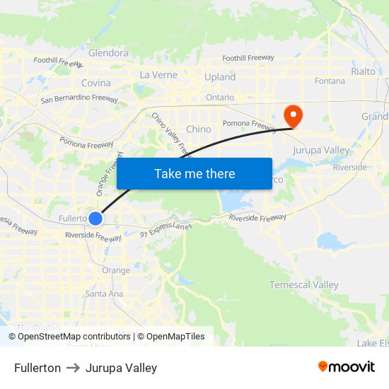 Fullerton to Jurupa Valley map