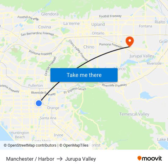 Manchester / Harbor to Jurupa Valley map