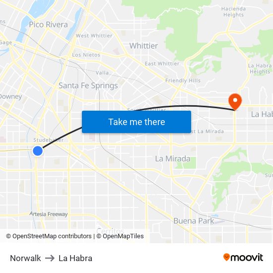 Norwalk to La Habra map