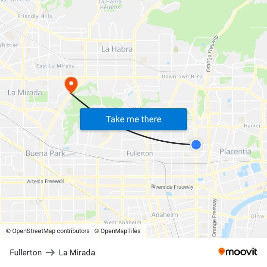 Fullerton to La Mirada map