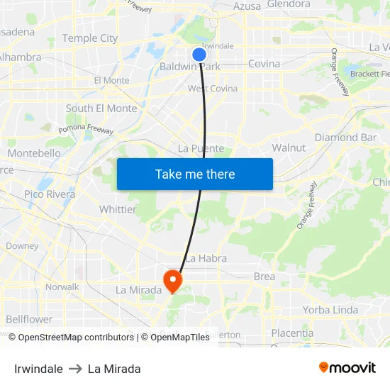 Irwindale to La Mirada map