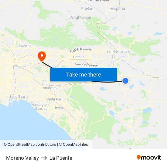 Moreno Valley to La Puente map