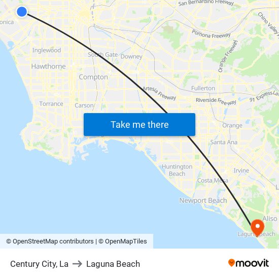 Century City, La to Laguna Beach map