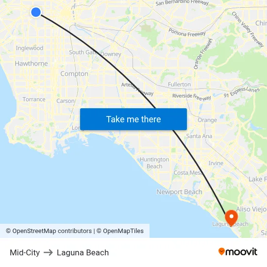 Mid-City to Laguna Beach map