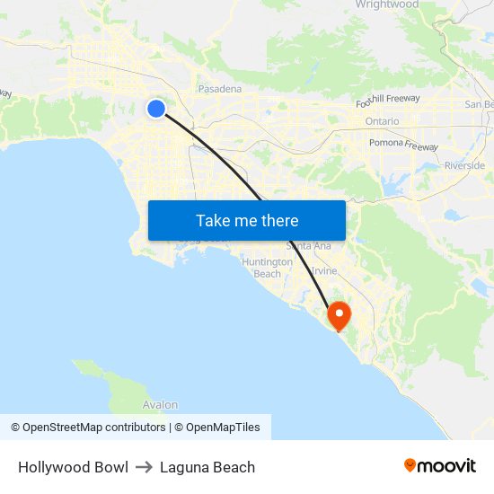 Hollywood Bowl to Laguna Beach map