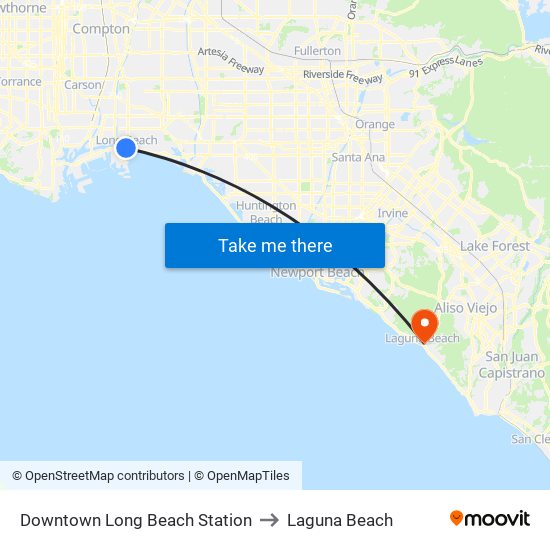 Downtown Long Beach Station to Laguna Beach map