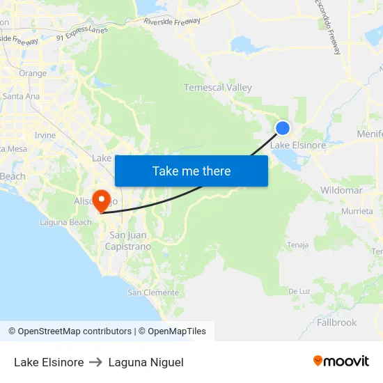 Lake Elsinore to Laguna Niguel map