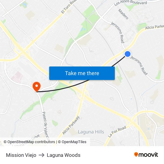 Mission Viejo to Laguna Woods map