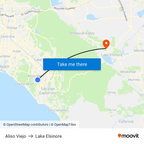 Aliso Viejo to Lake Elsinore map