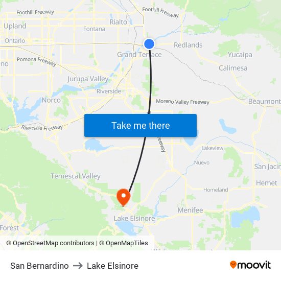 San Bernardino to Lake Elsinore map