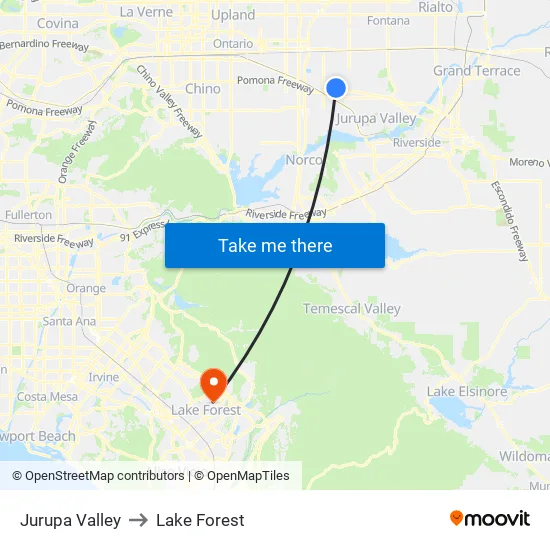Jurupa Valley to Lake Forest map