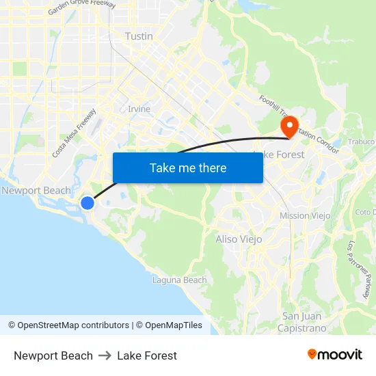 Newport Beach to Lake Forest map