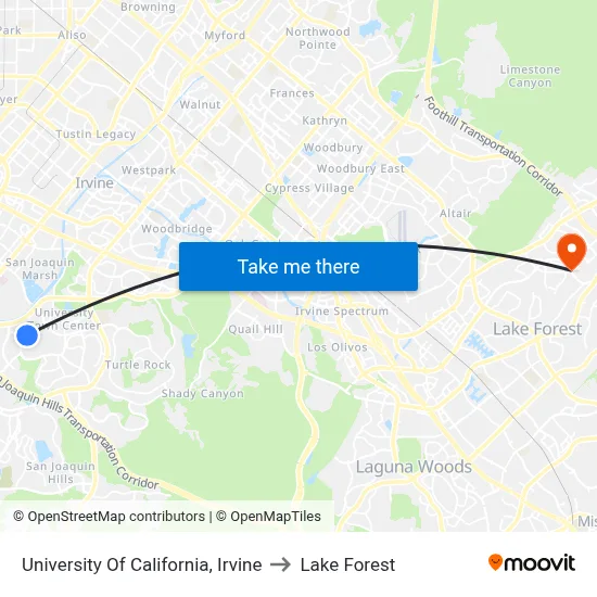 University Of California, Irvine to Lake Forest map