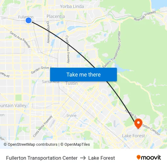 Fullerton Transportation Center to Lake Forest map