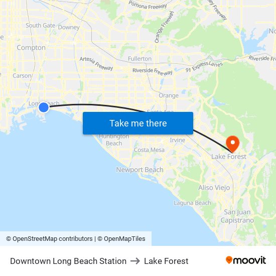 Downtown Long Beach Station to Lake Forest map