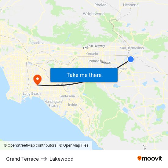 Grand Terrace to Lakewood map