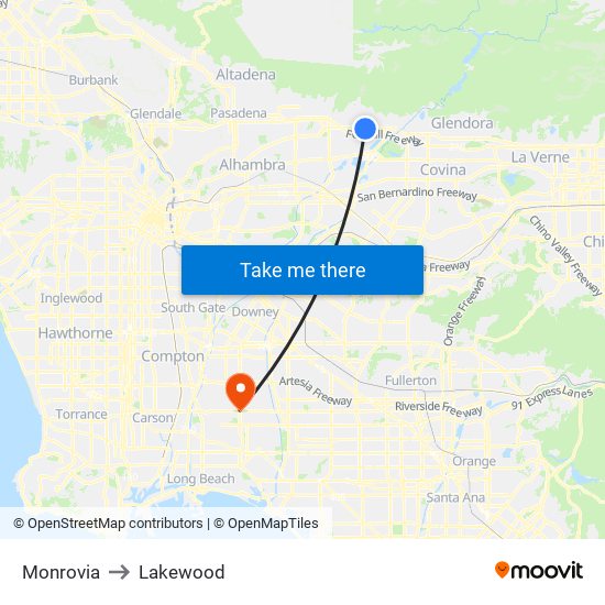 Monrovia to Lakewood map