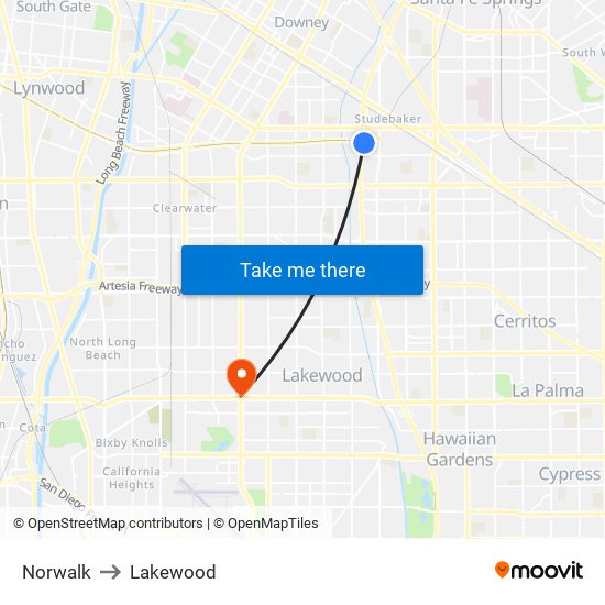 Norwalk to Lakewood map