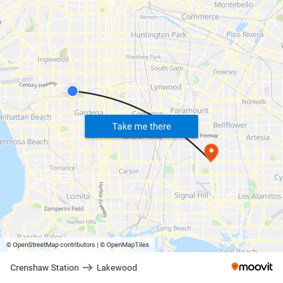 Crenshaw Station to Lakewood map