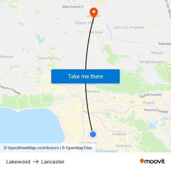 Lakewood to Lancaster map