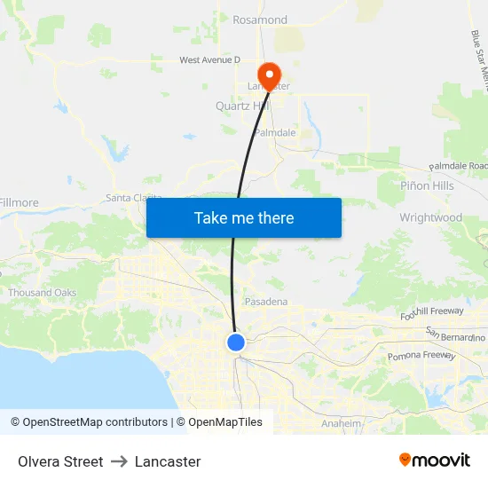 Olvera Street to Lancaster map