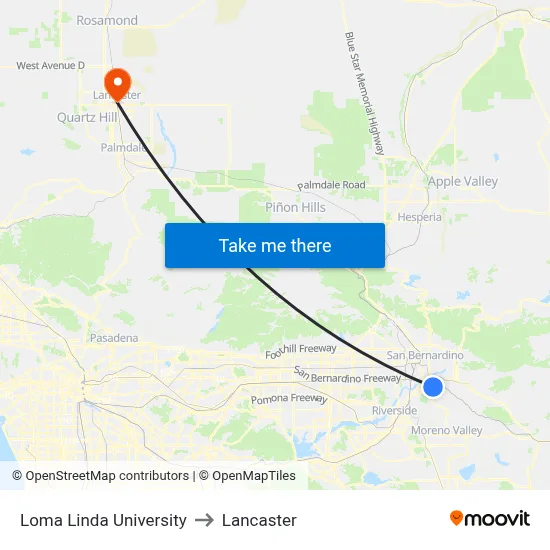 Loma Linda University to Lancaster map