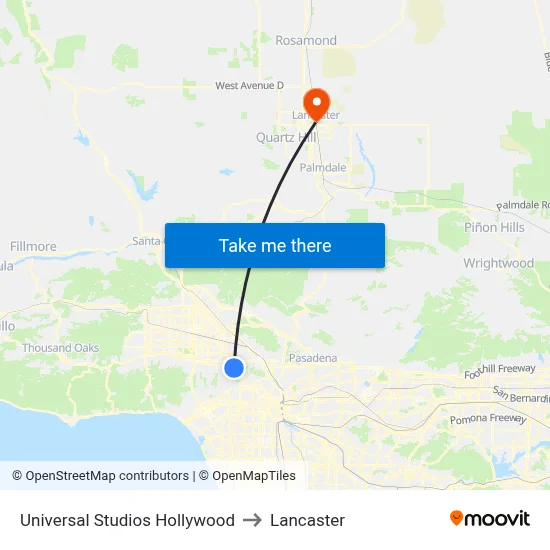 Universal Studios Hollywood to Lancaster map