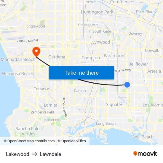 Lakewood to Lawndale map