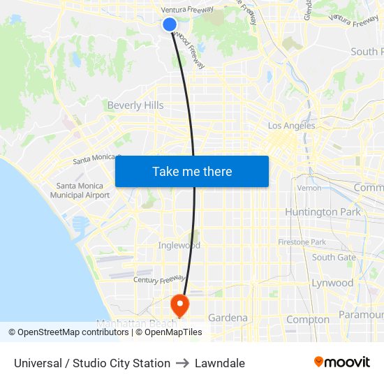 Universal / Studio City Station to Lawndale map