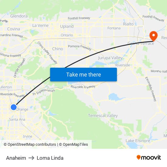 Anaheim to Loma Linda map