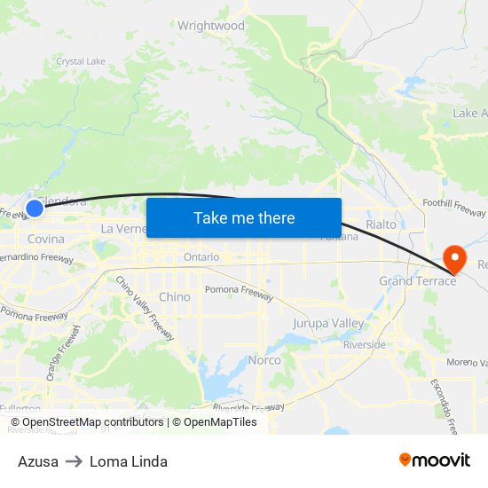 Azusa to Loma Linda map