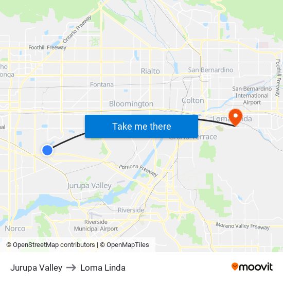 Jurupa Valley to Loma Linda map