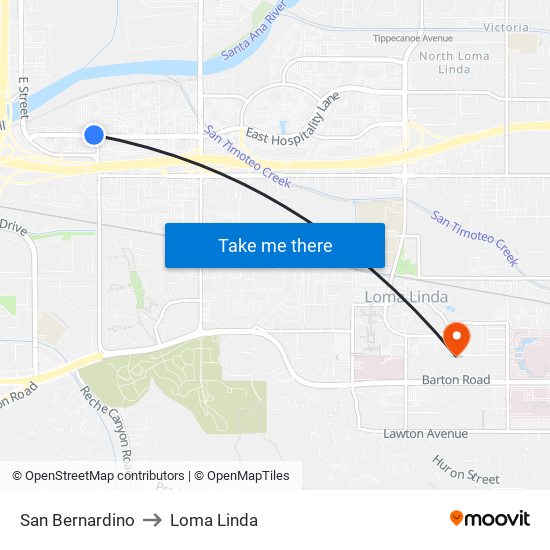 San Bernardino to Loma Linda map