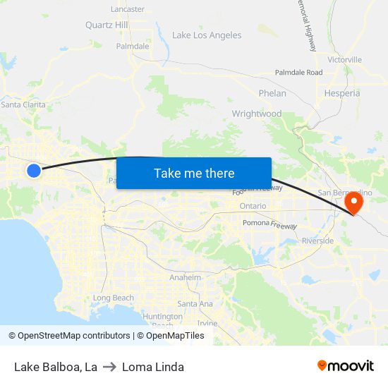 Lake Balboa, La to Loma Linda map