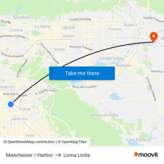 Manchester / Harbor to Loma Linda map