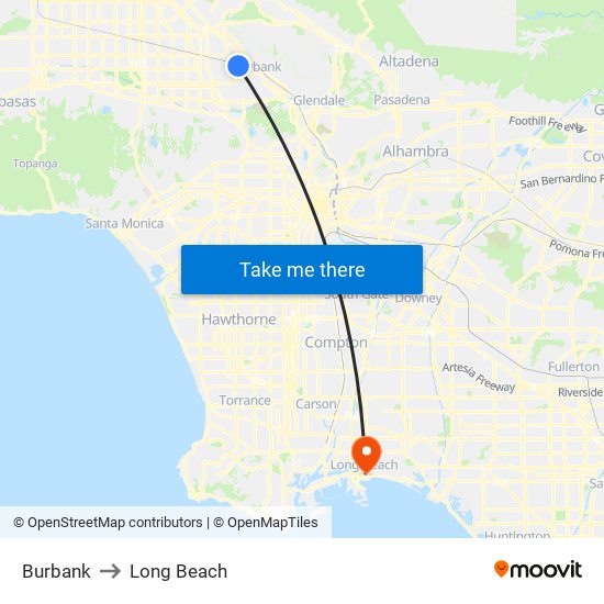 Burbank to Long Beach map