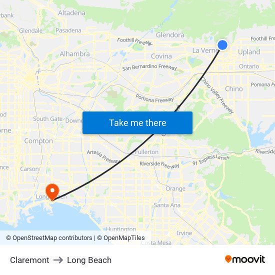 Claremont to Long Beach map