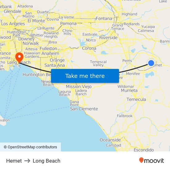 Hemet to Long Beach map