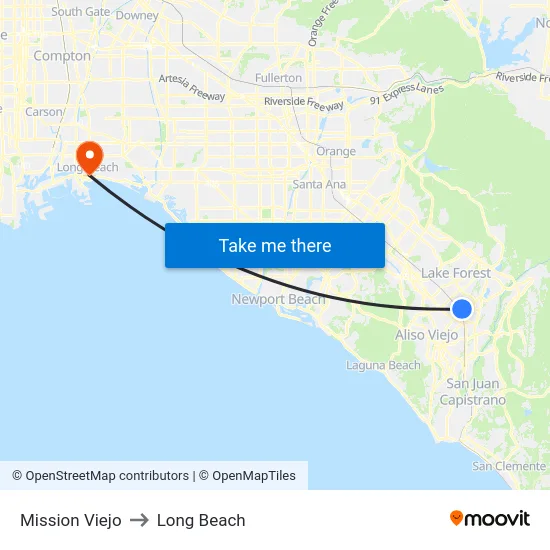 Mission Viejo to Long Beach map