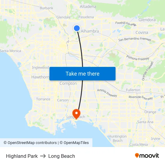 Highland Park to Long Beach map