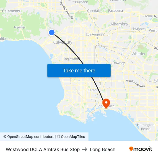 Westwood UCLA Amtrak Bus Stop to Long Beach map