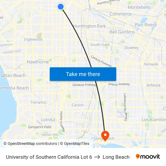 University of Southern California Lot 6 to Long Beach map