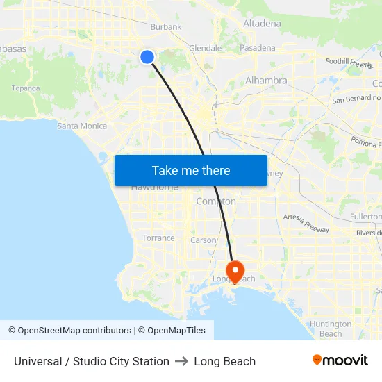 Universal / Studio City Station to Long Beach map
