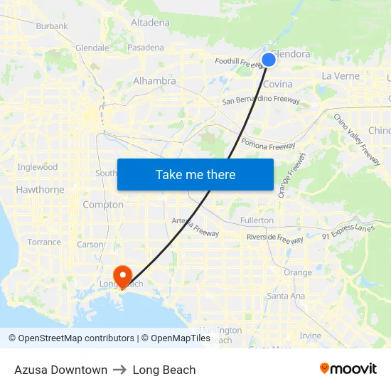 Azusa Downtown to Long Beach map