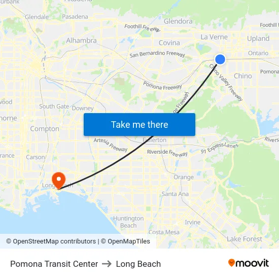 Pomona Transit Center to Long Beach map